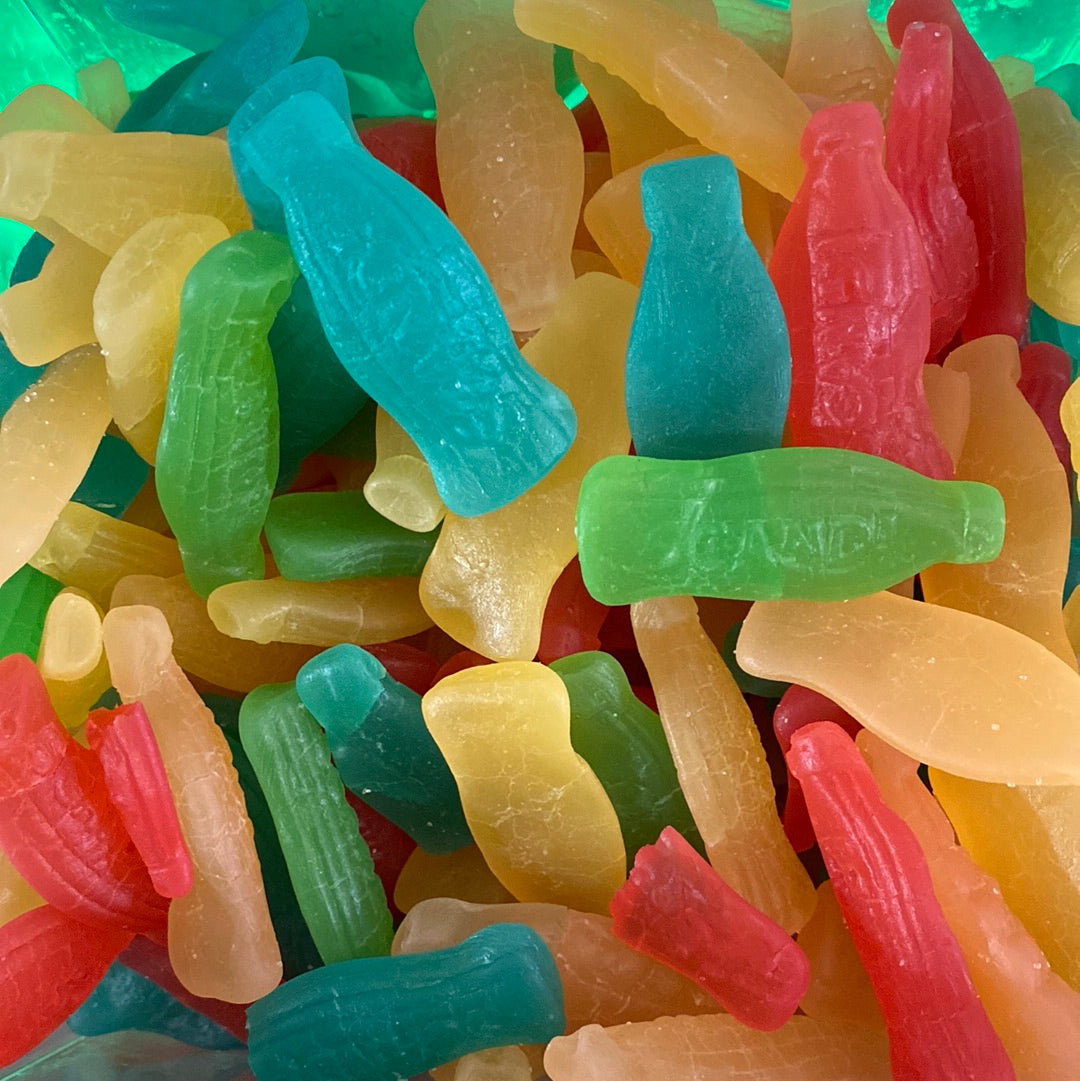 Fruity gummy soda bottles