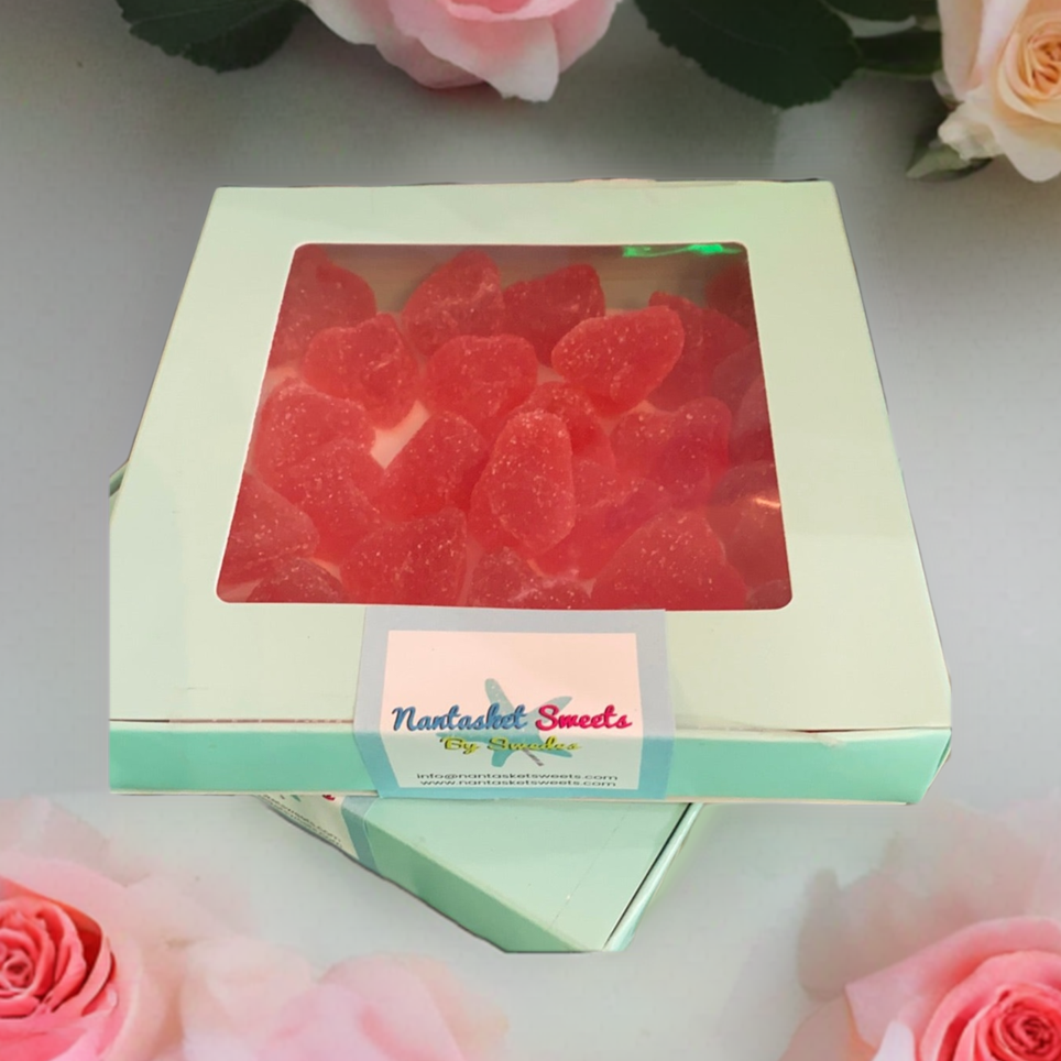 Sugar coated Raspberry gummy hearts in a Nantasket Sweets Box 8oz
