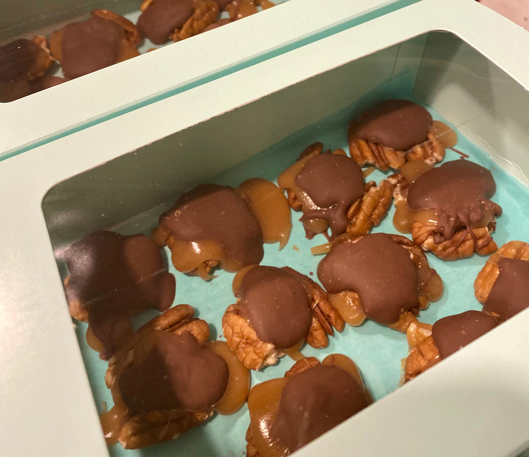 Milk Chocolate Pecan Turtles made by Nantasket Sweets in a gift box