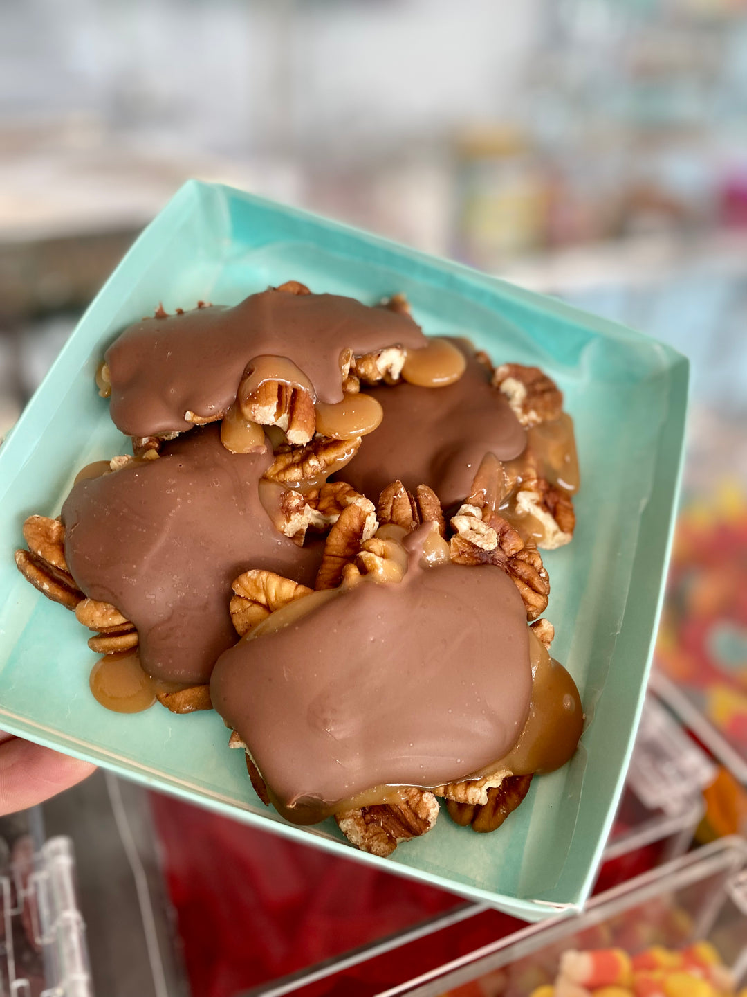 Milk Chocolate Pecan Turtles made by Nantasket Sweets in a gift box