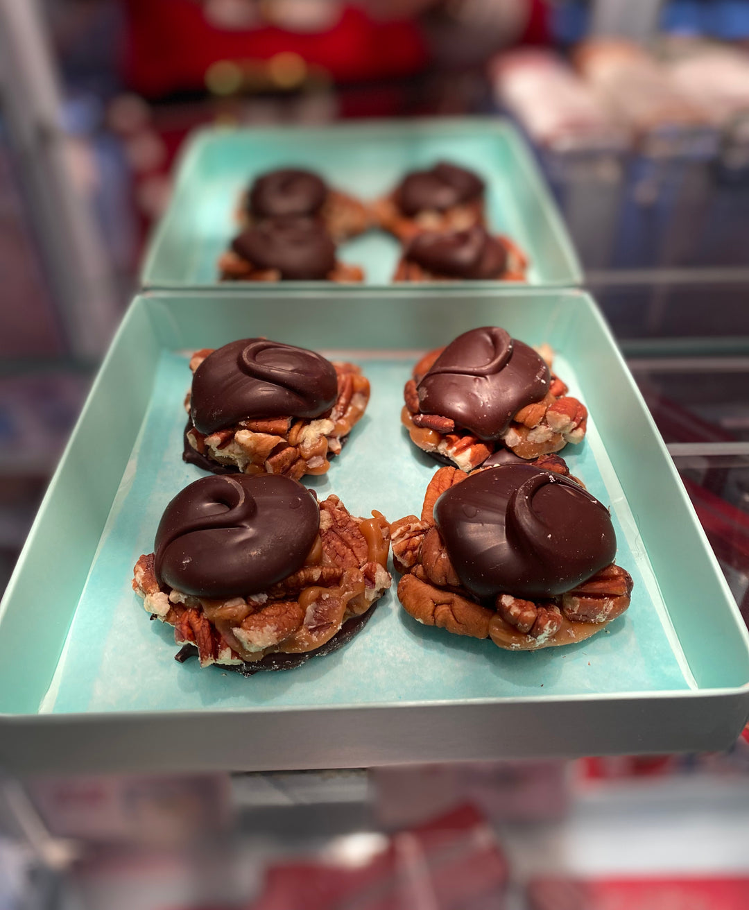 Dark Chocolate Pecan Turtles made by Nantasket Sweets in a gift box