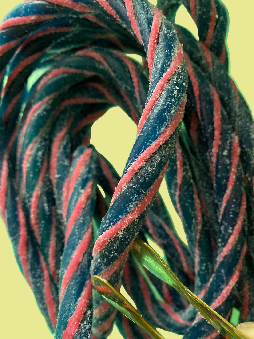 Two feet long Swedish Candy Log Sour Wild Strawberry, Sour Fizzy Blue and Candy Cane Twist