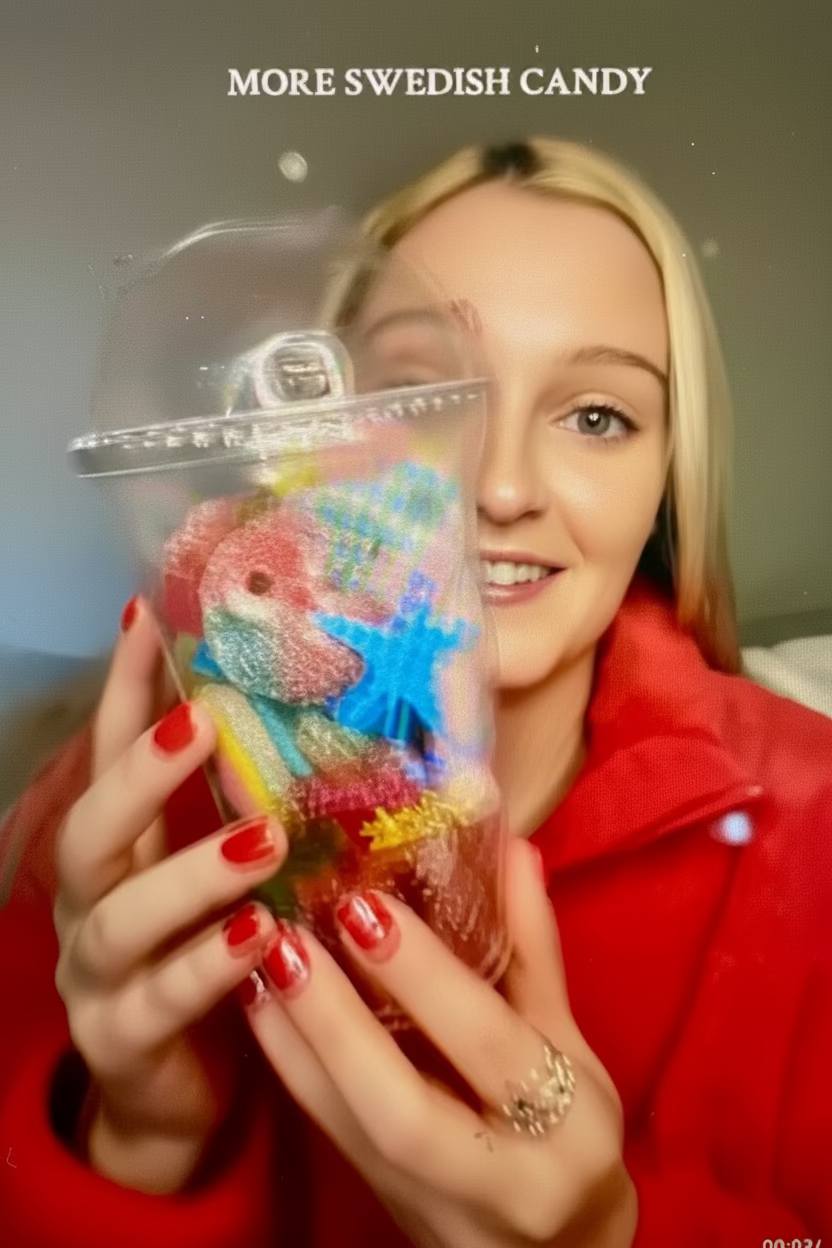 A woman in a red coat holds up a clear plastic bag filled with colorful Swedish candy, with the text 'MORE SWEDISH CANDY' at the top of the image.