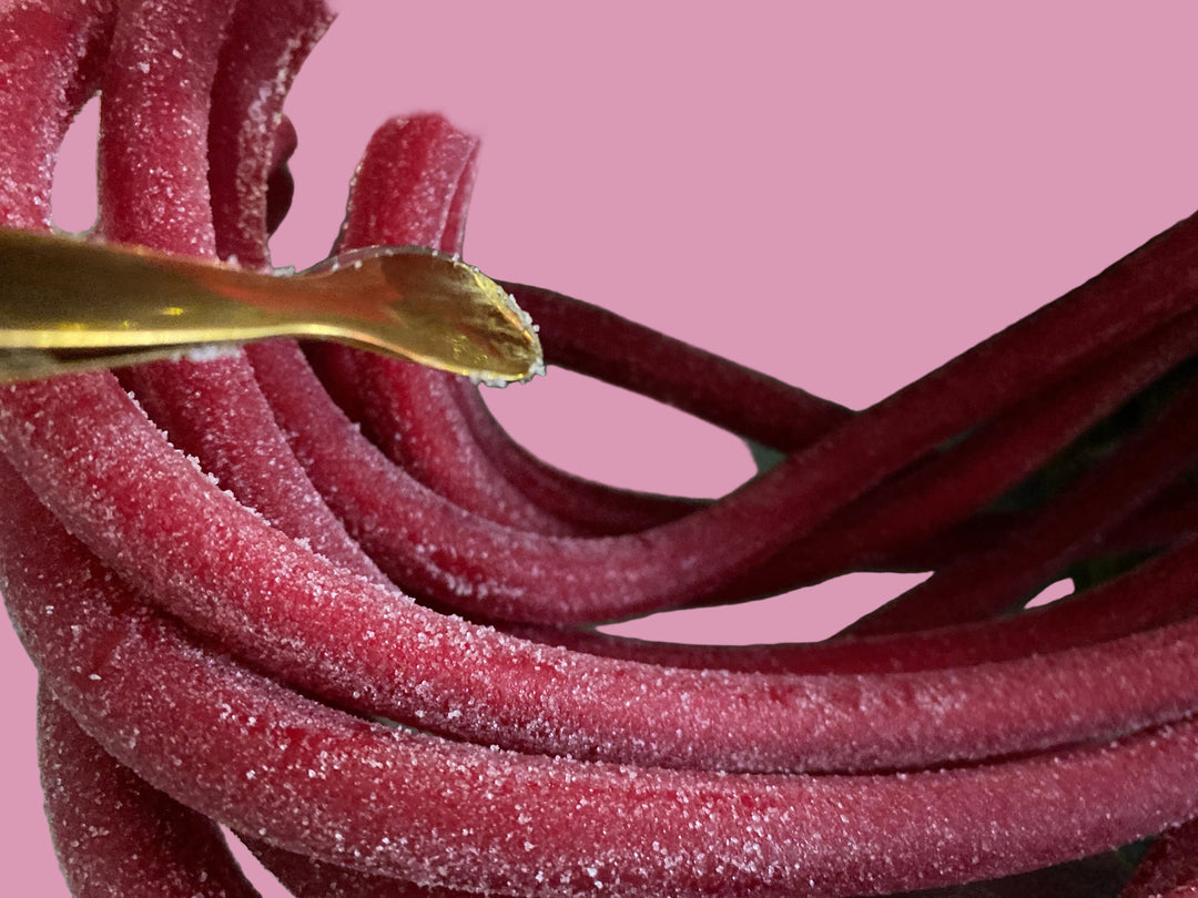 Two feet long Swedish Candy Log Sour Wild Strawberry, Sour Fizzy Blue and Candy Cane Twist