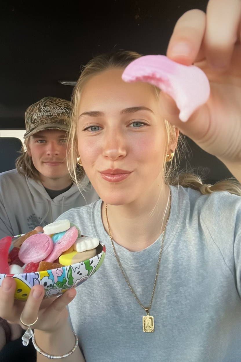 Person holding a bowl of candy with another person in the background.