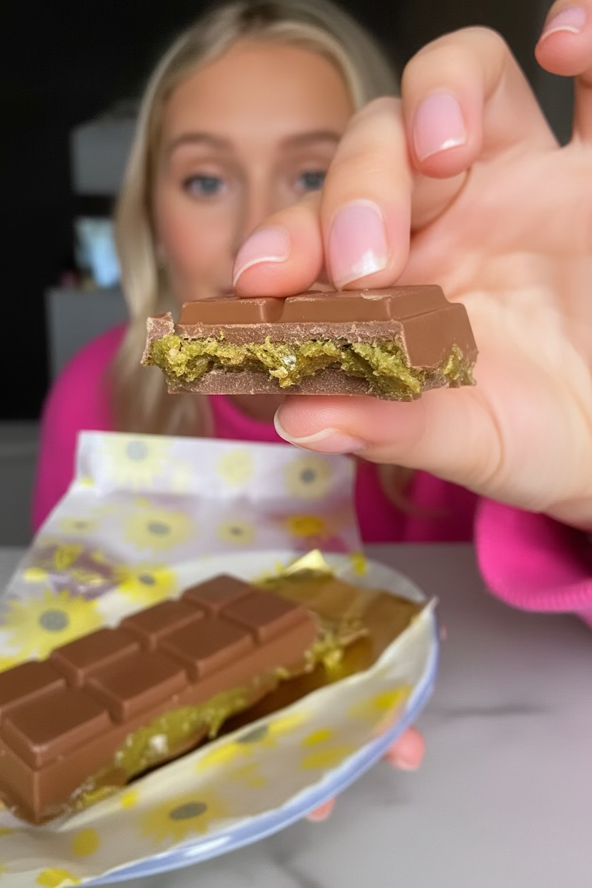 Person holding a Dubai chocolate bar with a close-up of the packaging in the foreground.