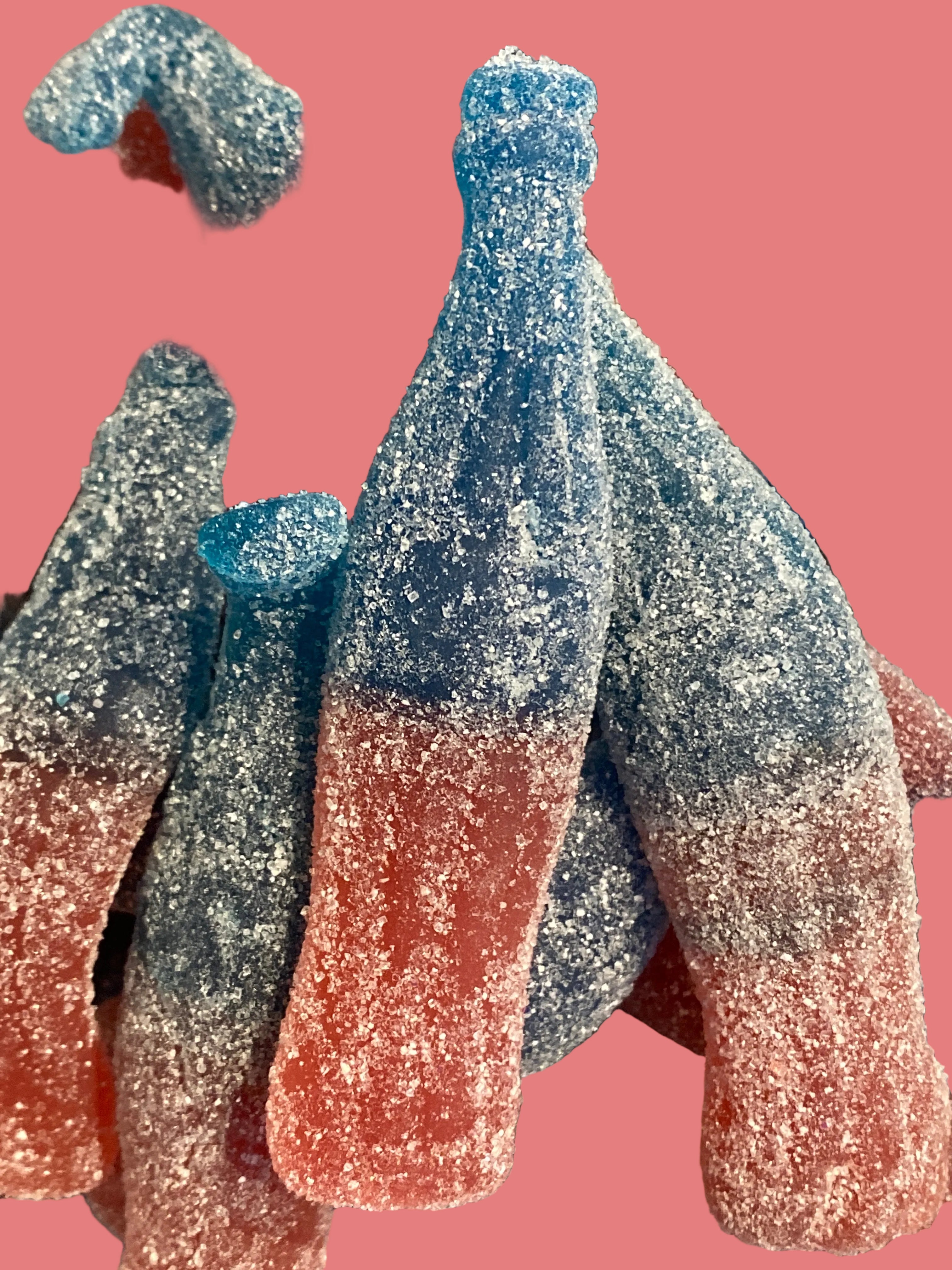 Colorful gummy bottles with a blue, red, and clear color scheme.