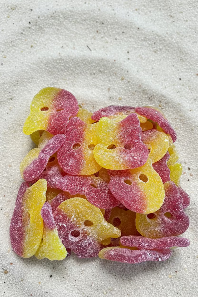 Stack of red and yellow gummy bubs in a clear container.