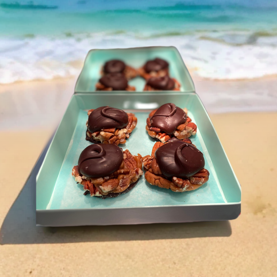 Dark Chocolate Pecan Turtles made by Nantasket Sweets in a gift box