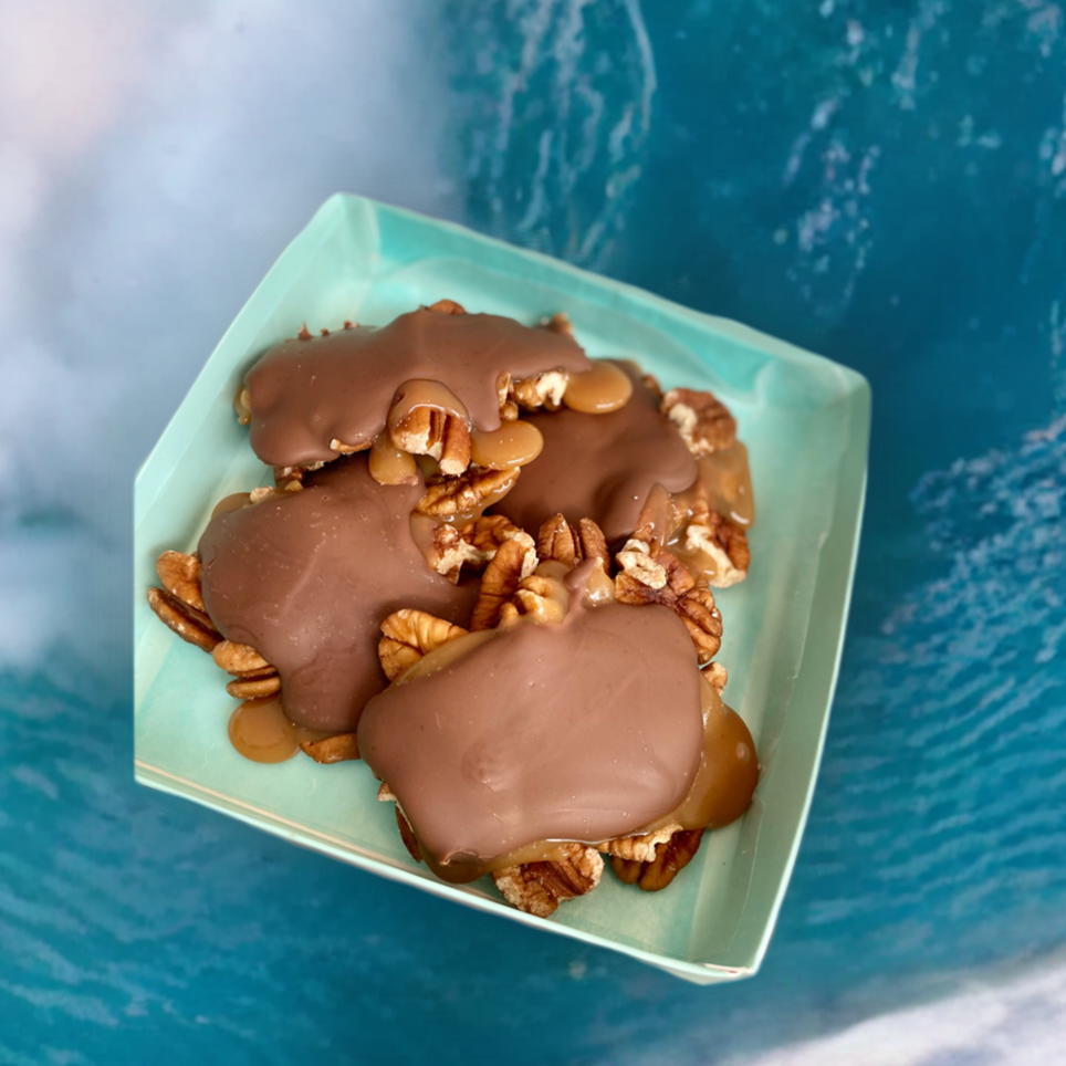Milk Chocolate Pecan Turtles made by Nantasket Sweets in a gift box