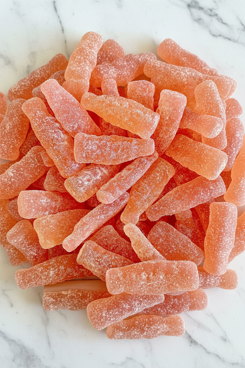 Close-up of pink gummy sour grapefruit  with a textured surface. Swedish candy