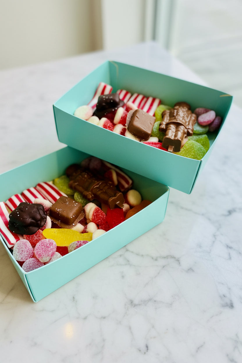 Assorted colorful candies in a turquoise box with a blurred background of more candy.