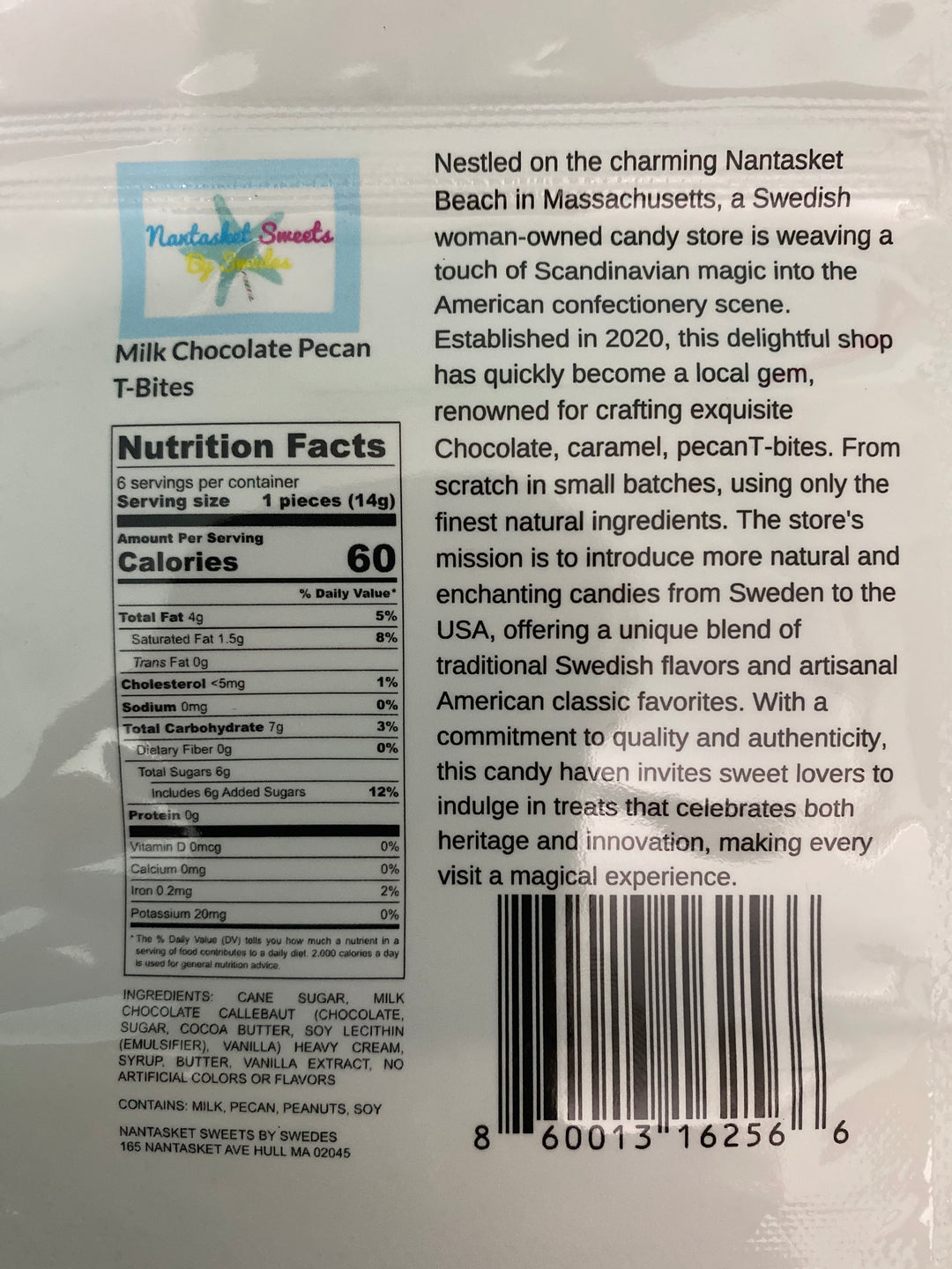 Back of a candy package with text, bar code, and logo on a white background