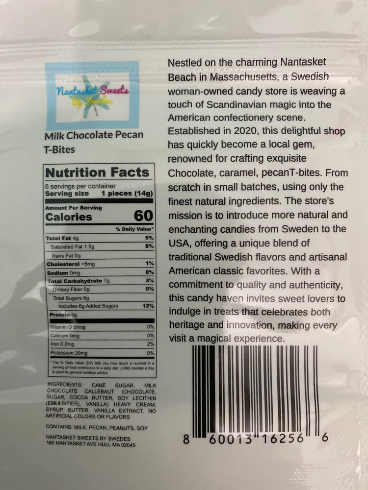 Back of a candy package with text, bar code, and logo on a white background