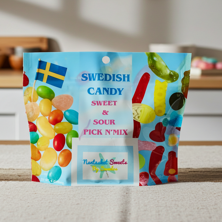 Packaged Swedish candy mix on a kitchen counter