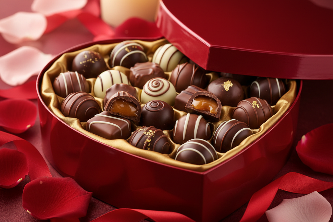 red heart shaped valentine box with chocolate pralines and chocolate caramels