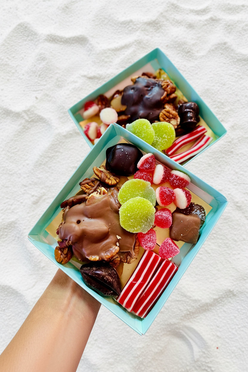 Two small boxes filled with assorted candies and chocolates on a colorful background.