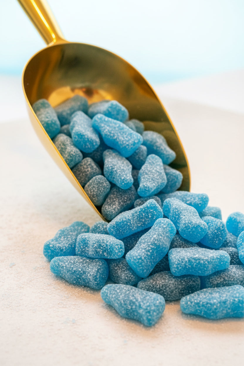 Close-up of blue gummy bears with a blue background