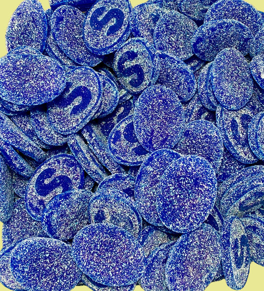 Blue glittery candies with 'S' on them