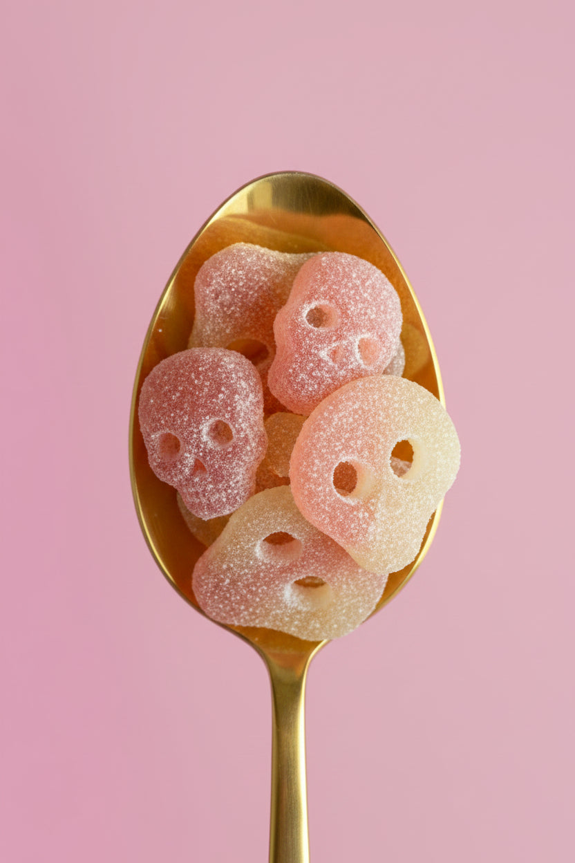 Close-up of pink and white gummy candy with holes