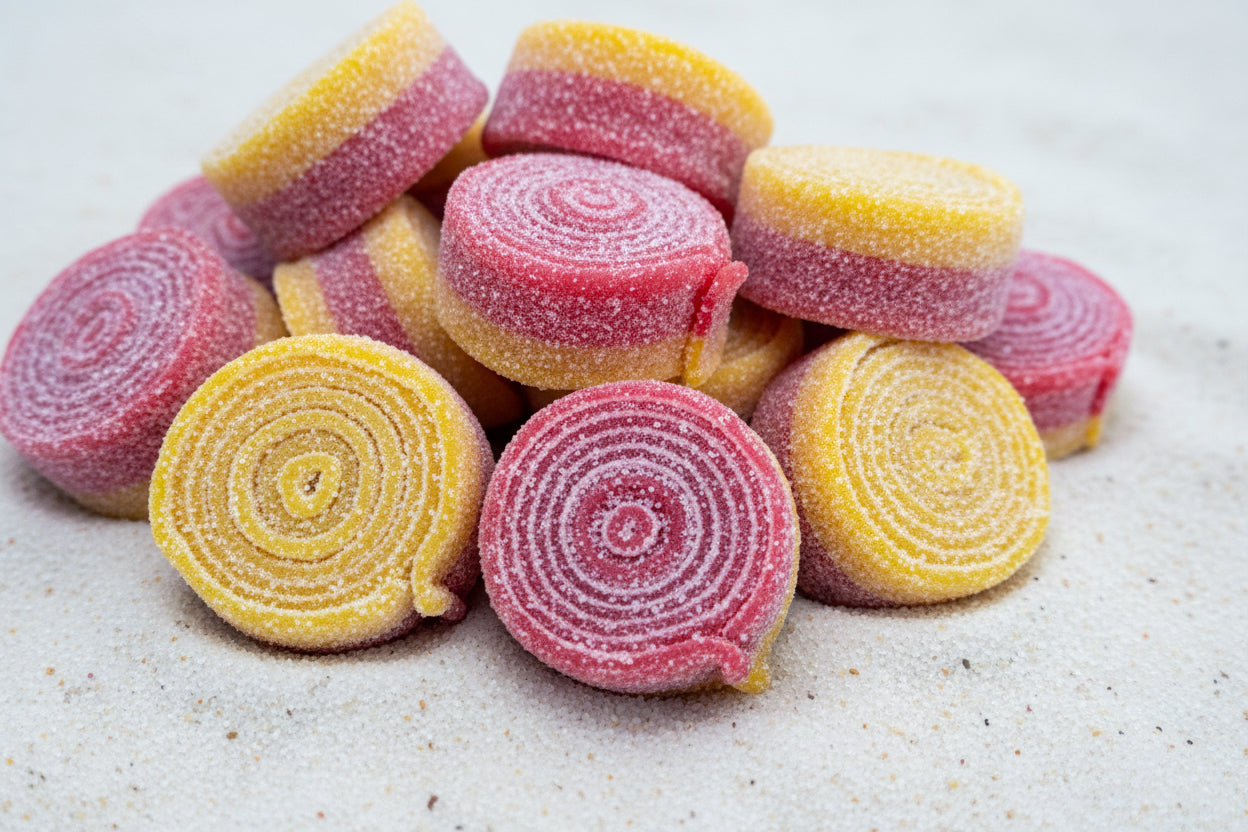 Close-up of colorful swirled candy pieces.