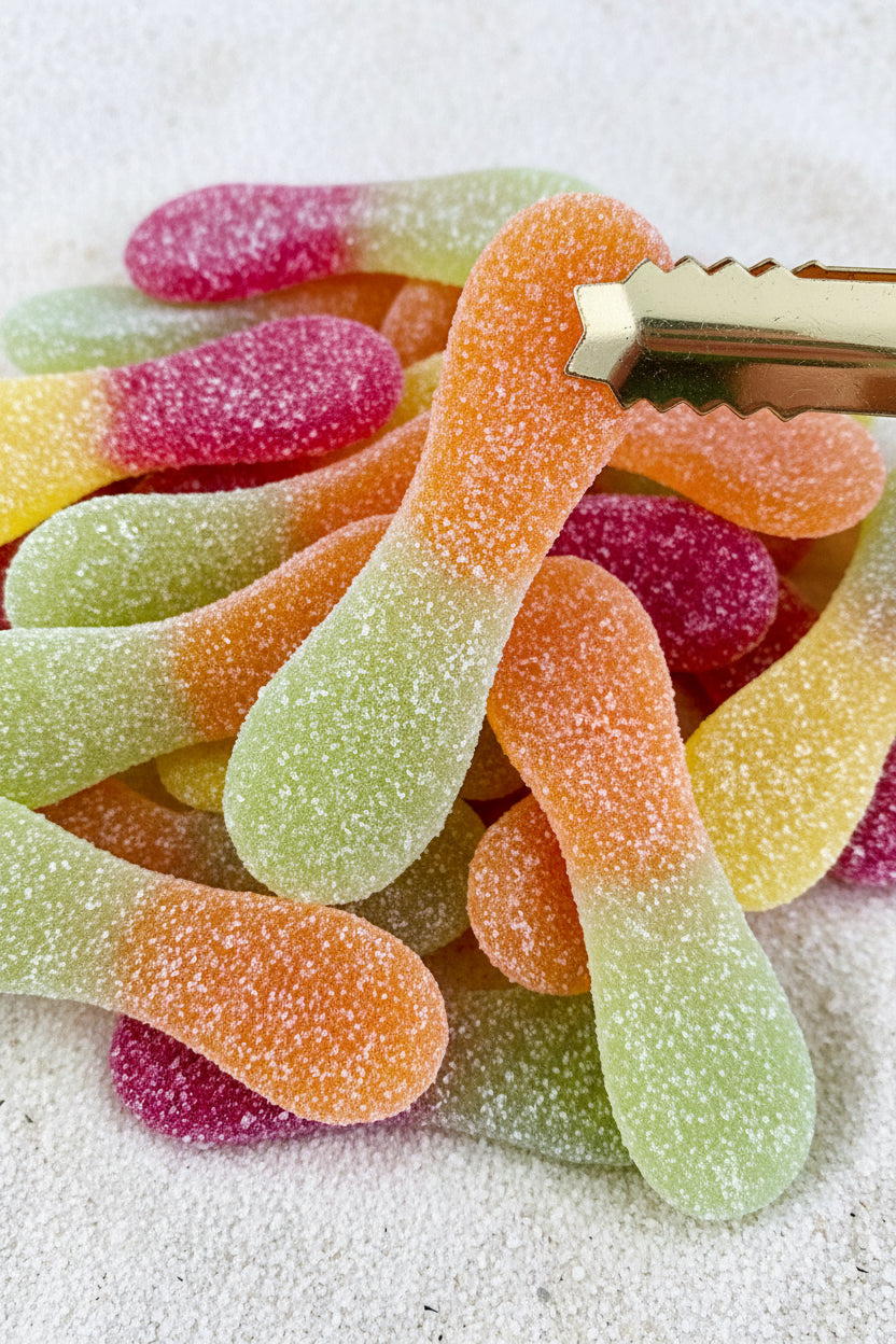 Colorful gummy tongue candy in a clear container with a metal scoop.