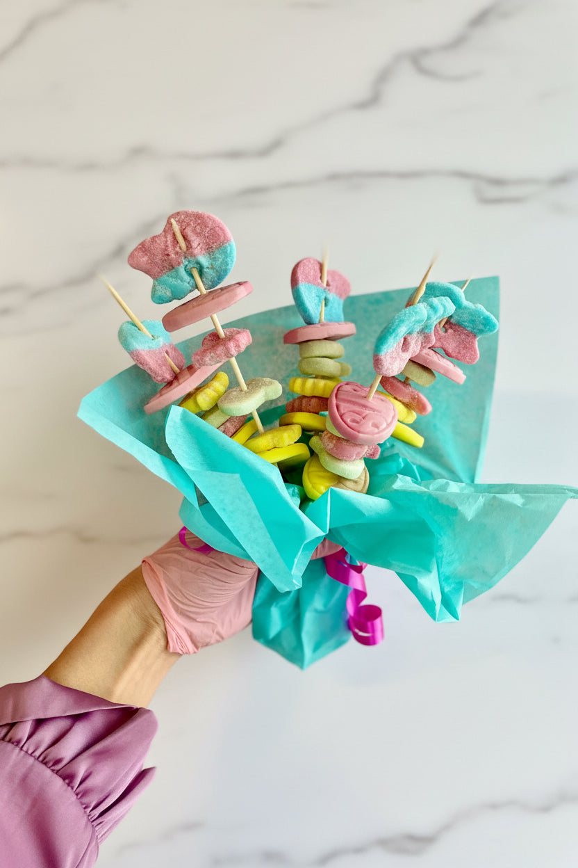 A candy bouquet featuring an arrangement of chocolate and gummy candies on sticks, wrapped in blue and pink paper, held in front of a pink shelf with various candies displayed.