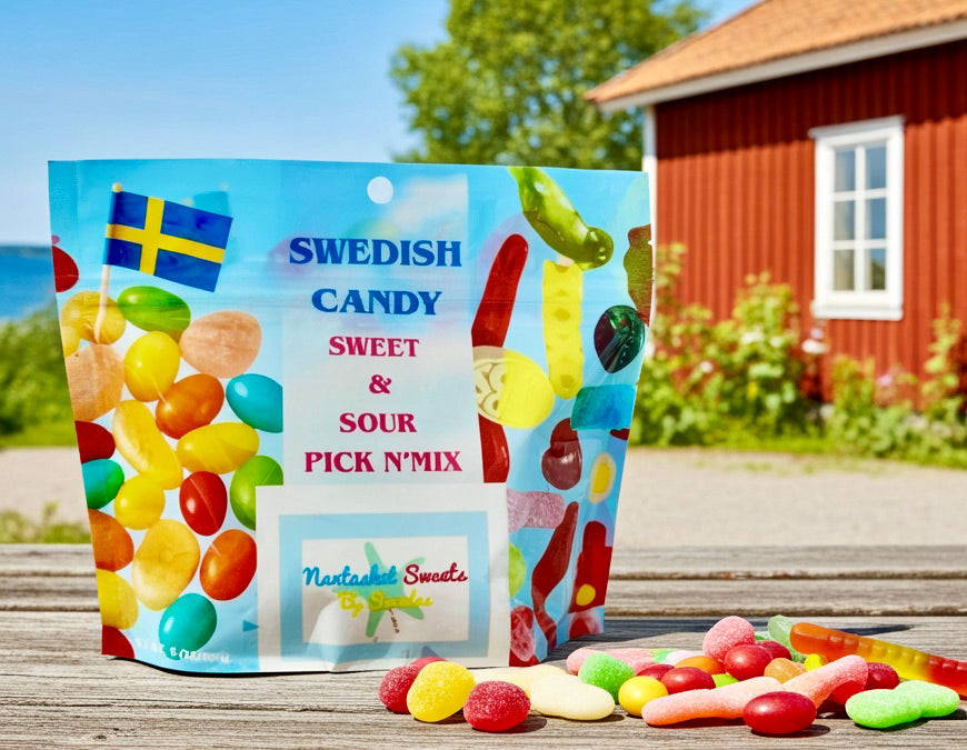 Bag of Swedish candy with colorful jelly beans on a wooden surface outdoors.