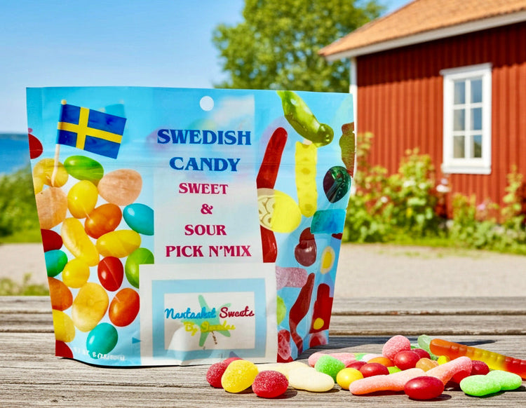 Bag of Swedish candy with colorful jelly beans on a wooden surface outdoors.