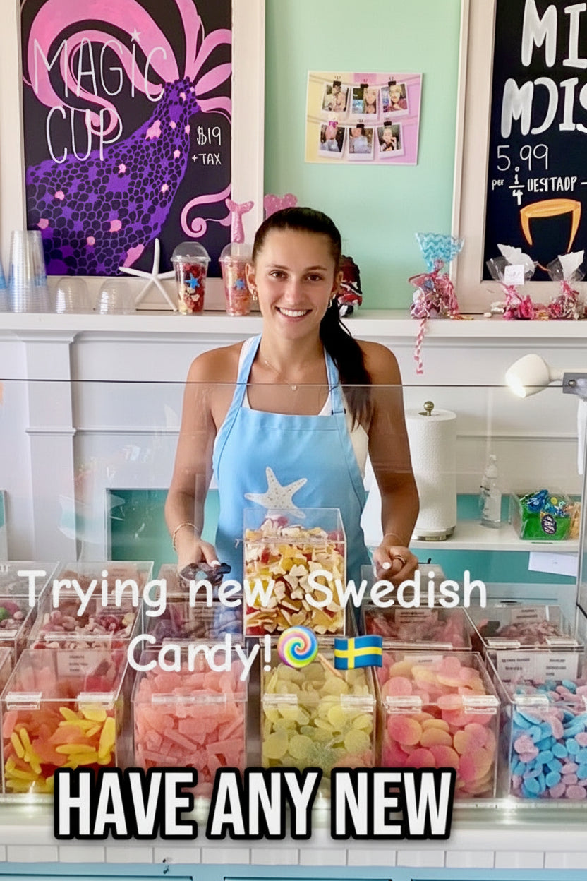 Person in a candy store with colorful candies and text about Swedish candy.
