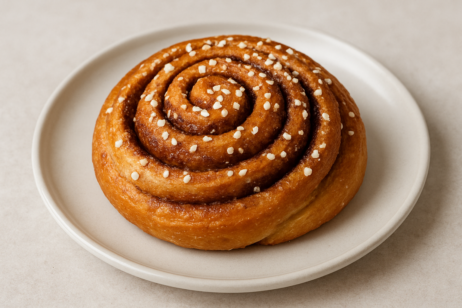 Cinnamon roll with sugar crystals on a white plate against a beige background