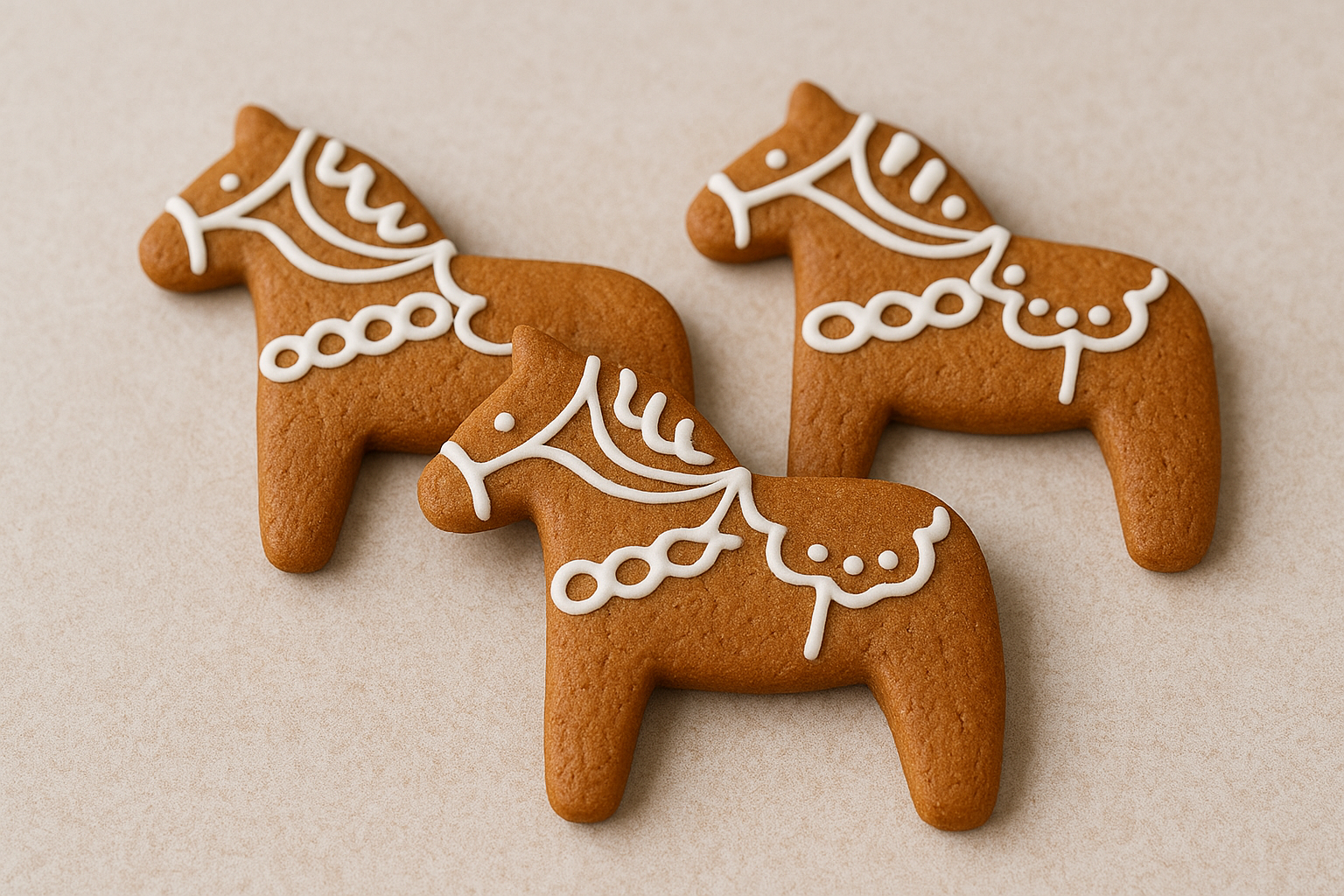 Three gingerbread cookies shaped like horses with white icing on a beige background