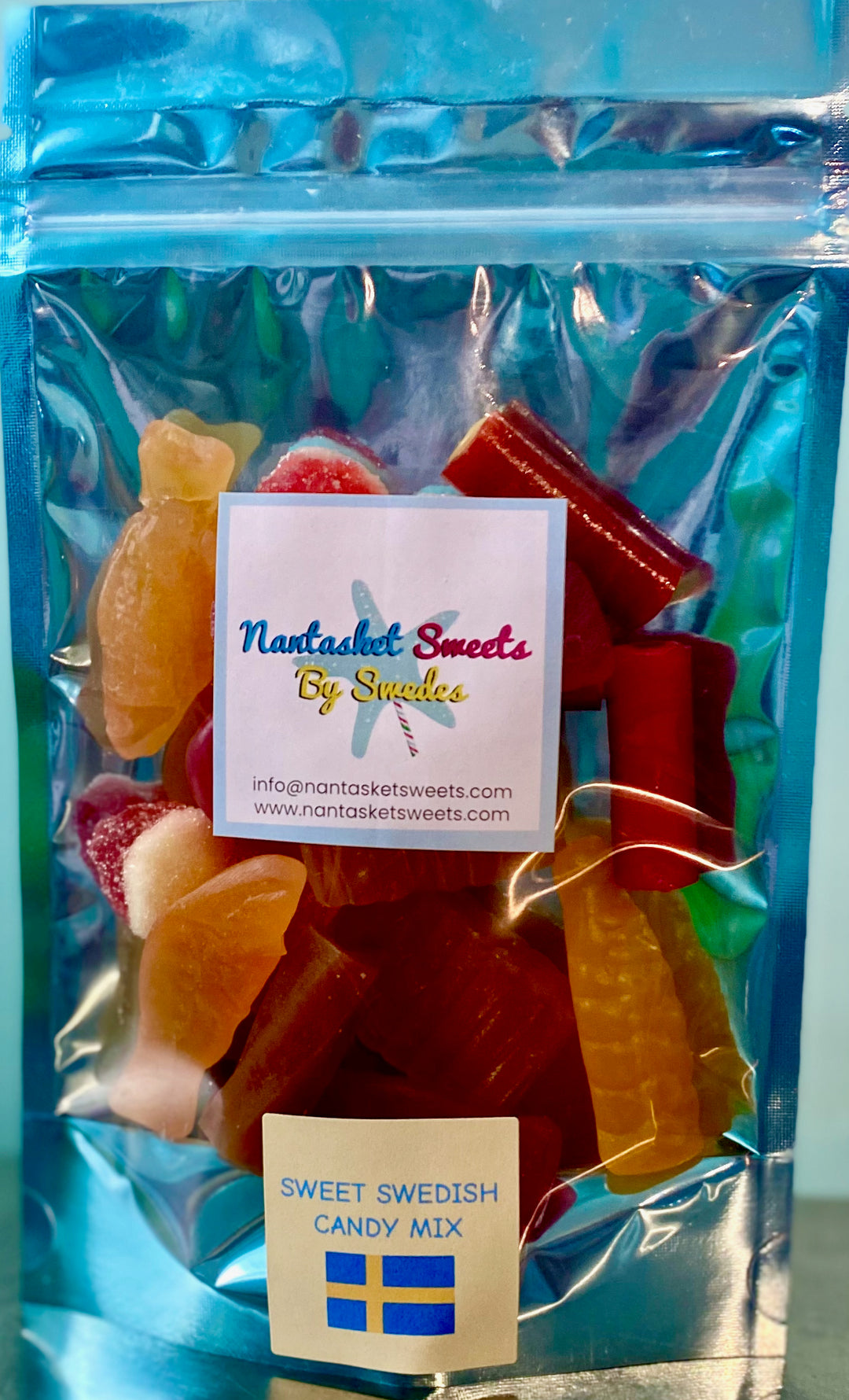 Packaged sweet Swedish mix with Nantucket Sweets by Swedes branding on a blue background
