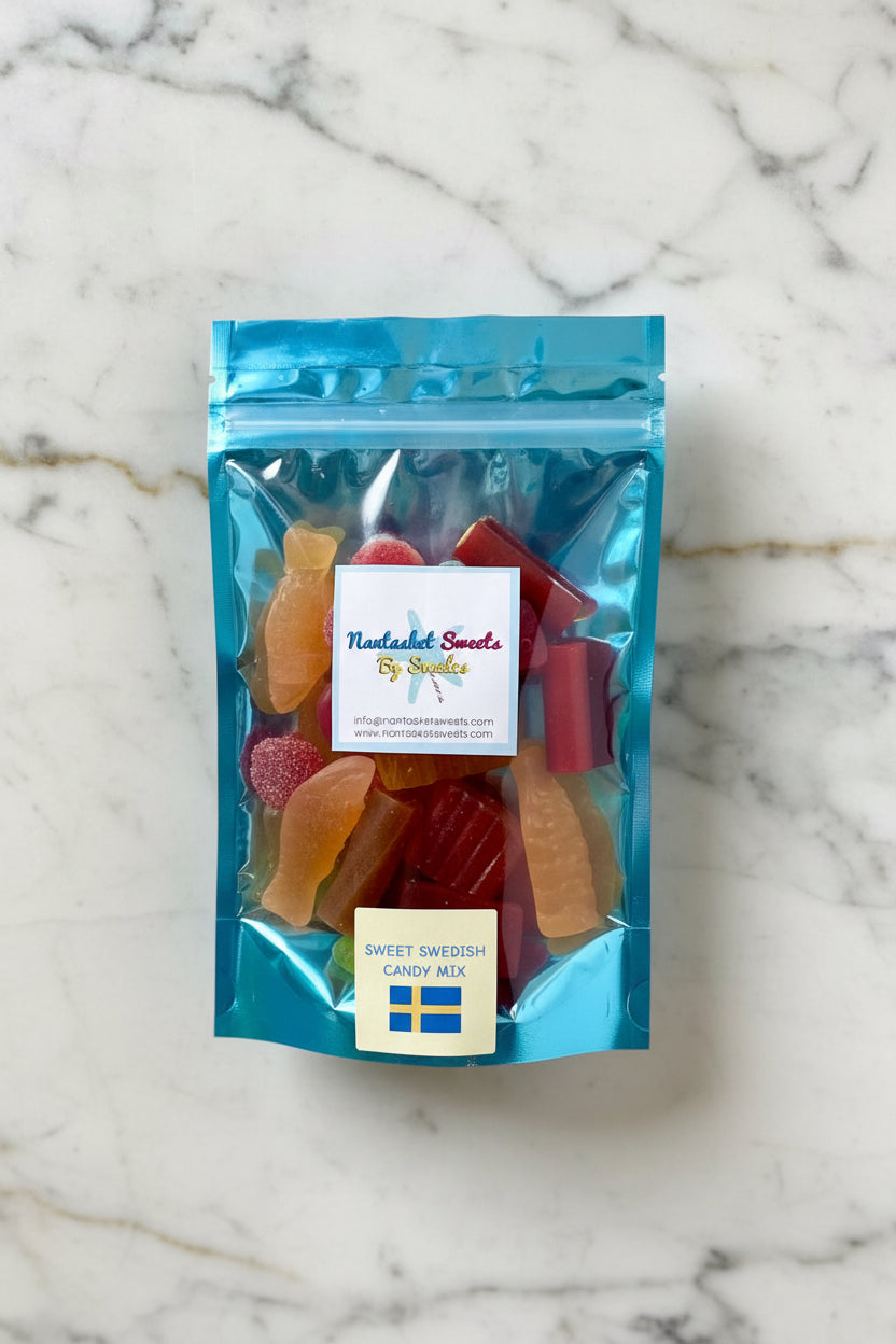 Packaged sweet Swedish mix with Nantucket Sweets by Swedes branding on a blue background