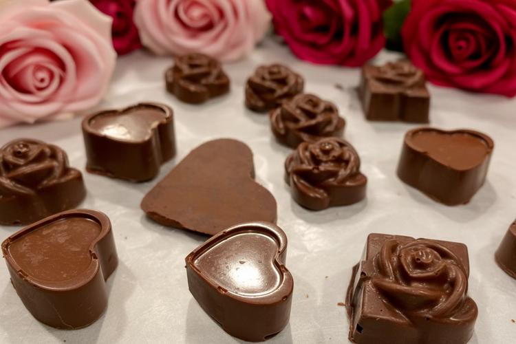 A photo showing several Belgian chocolate hearts in dark chocolate, with a focus on the shape and texture of the chocolate.