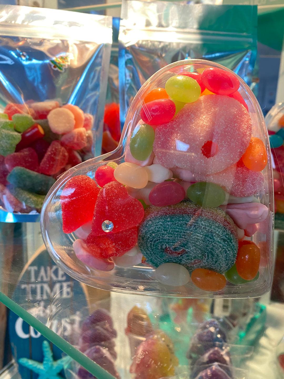 Crystal clear Heart box filled with mixed candy