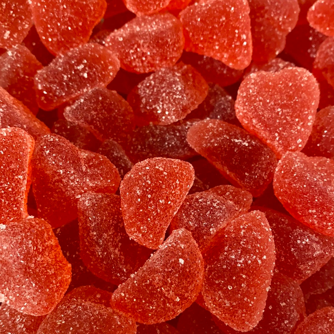 Sugar coated Raspberry gummy hearts in a Nantasket Sweets Box 8oz