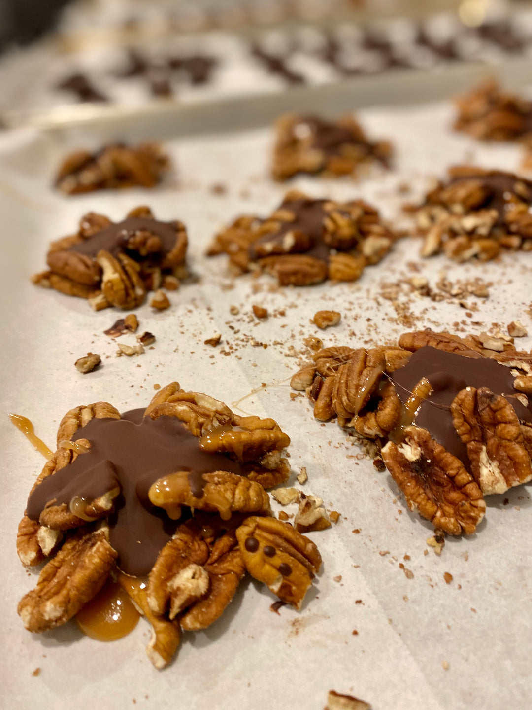 Dark Chocolate Pecan Turtles made by Nantasket Sweets in a gift box