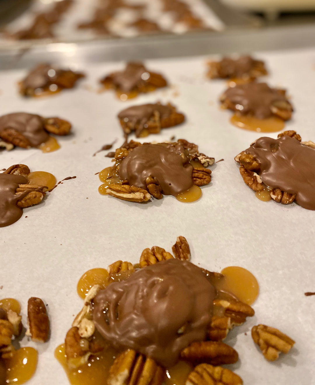 Milk Chocolate Pecan Turtles made by Nantasket Sweets in a gift box