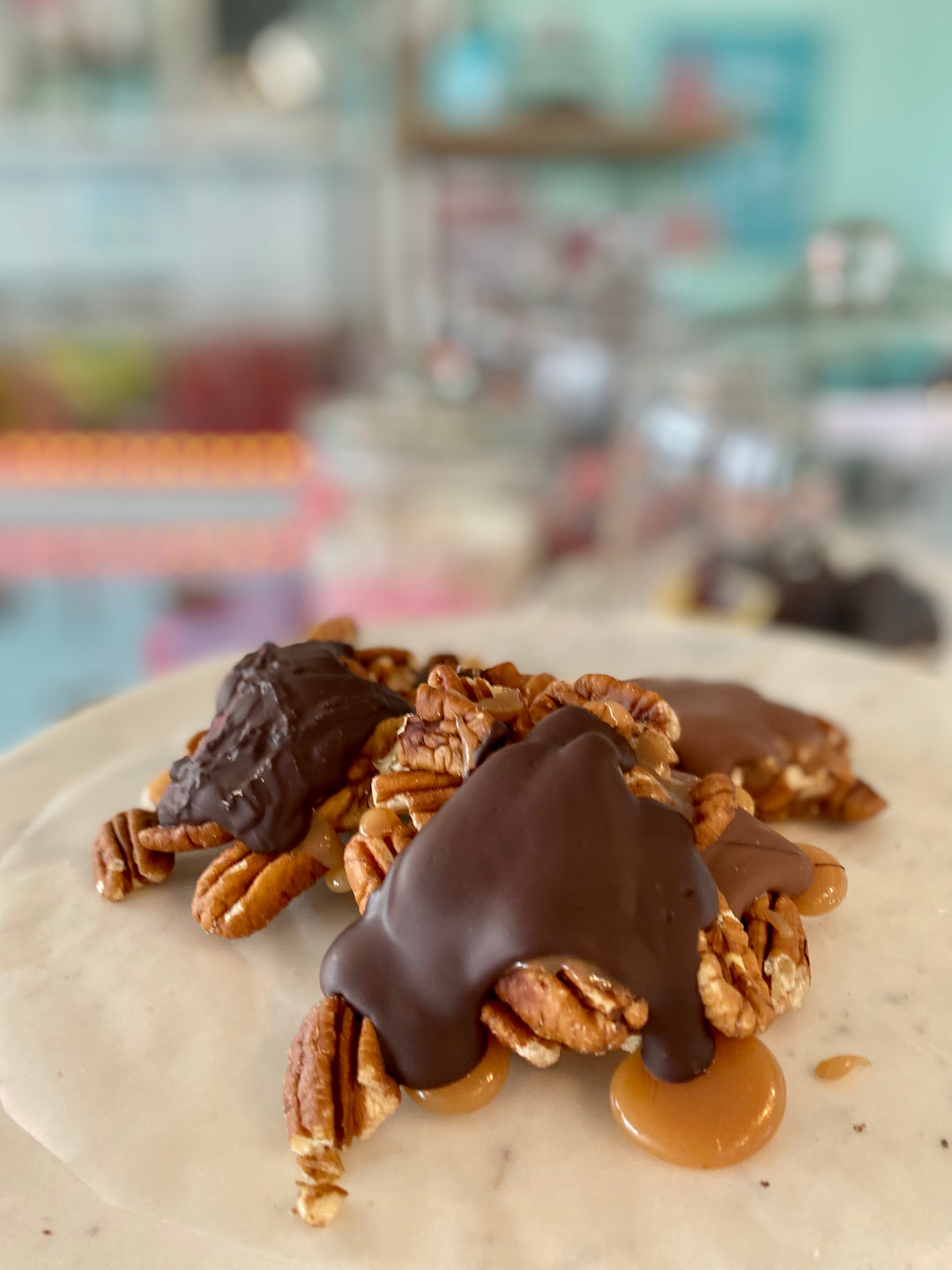 Dark Chocolate Pecan Turtles made by Nantasket Sweets in a gift box