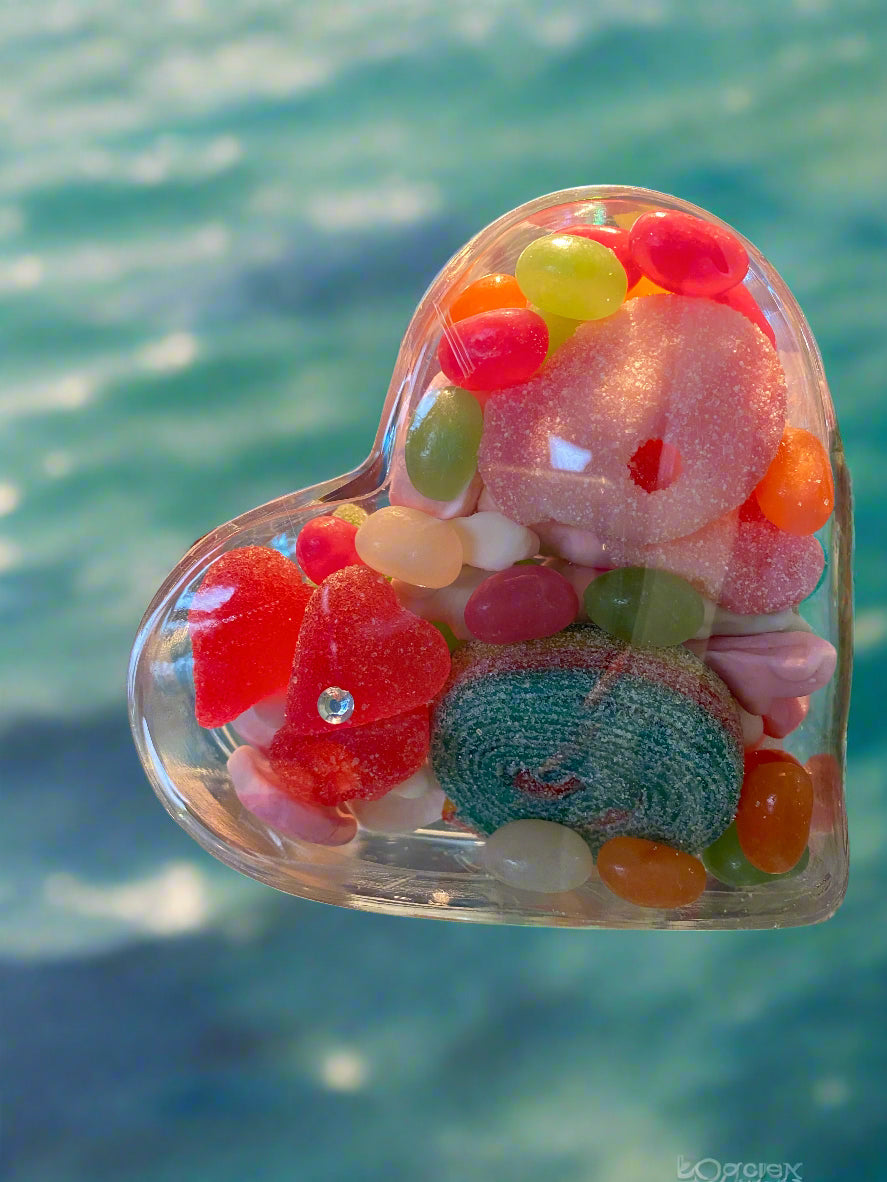 Crystal clear Heart box filled with mixed candy