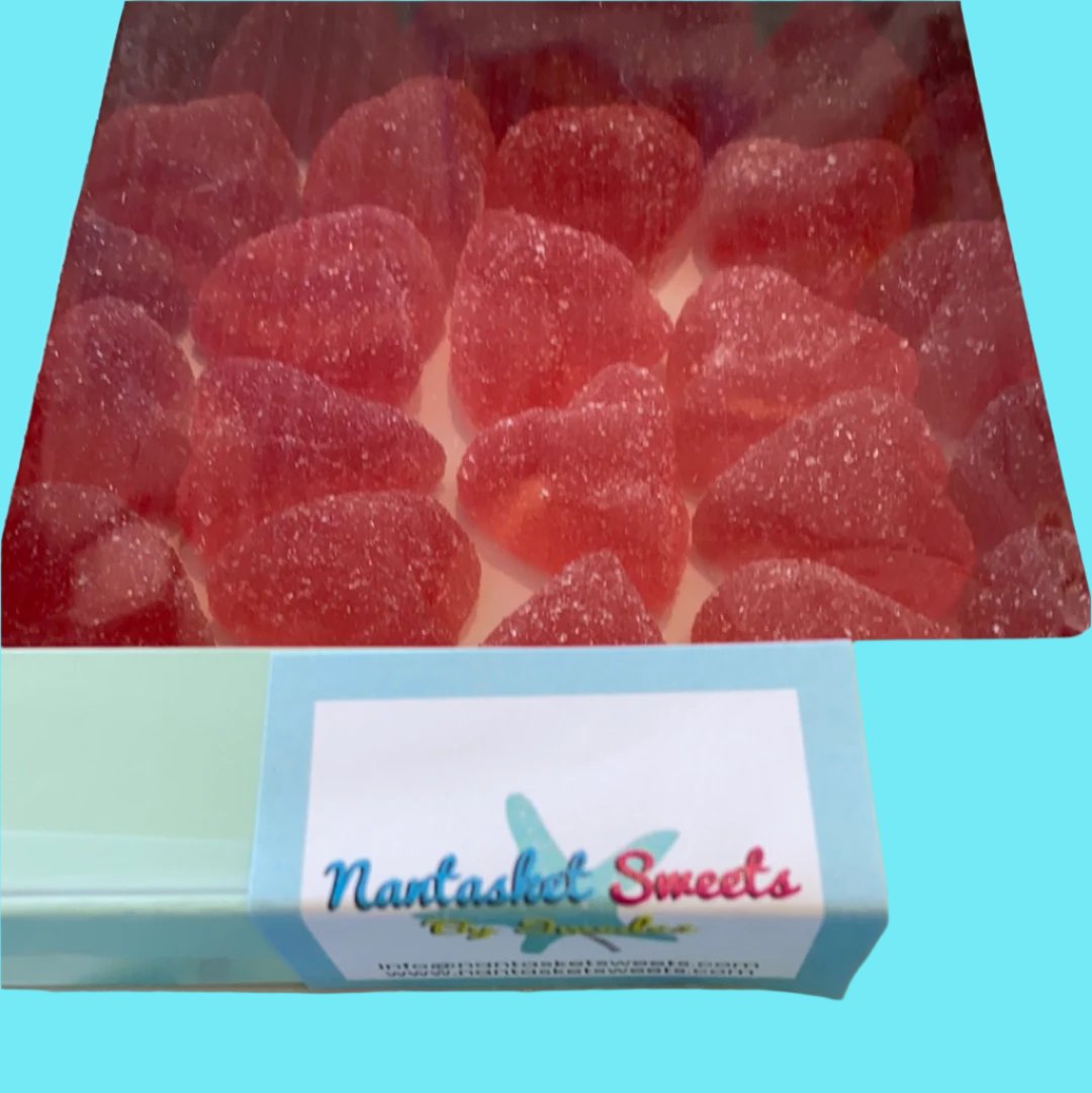 Sugar coated Raspberry gummy hearts in a Nantasket Sweets Box 8oz