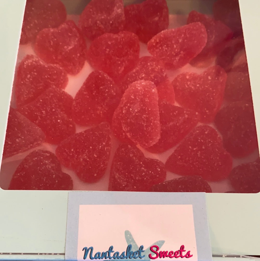 Sugar coated Raspberry gummy hearts in a Nantasket Sweets Box 8oz