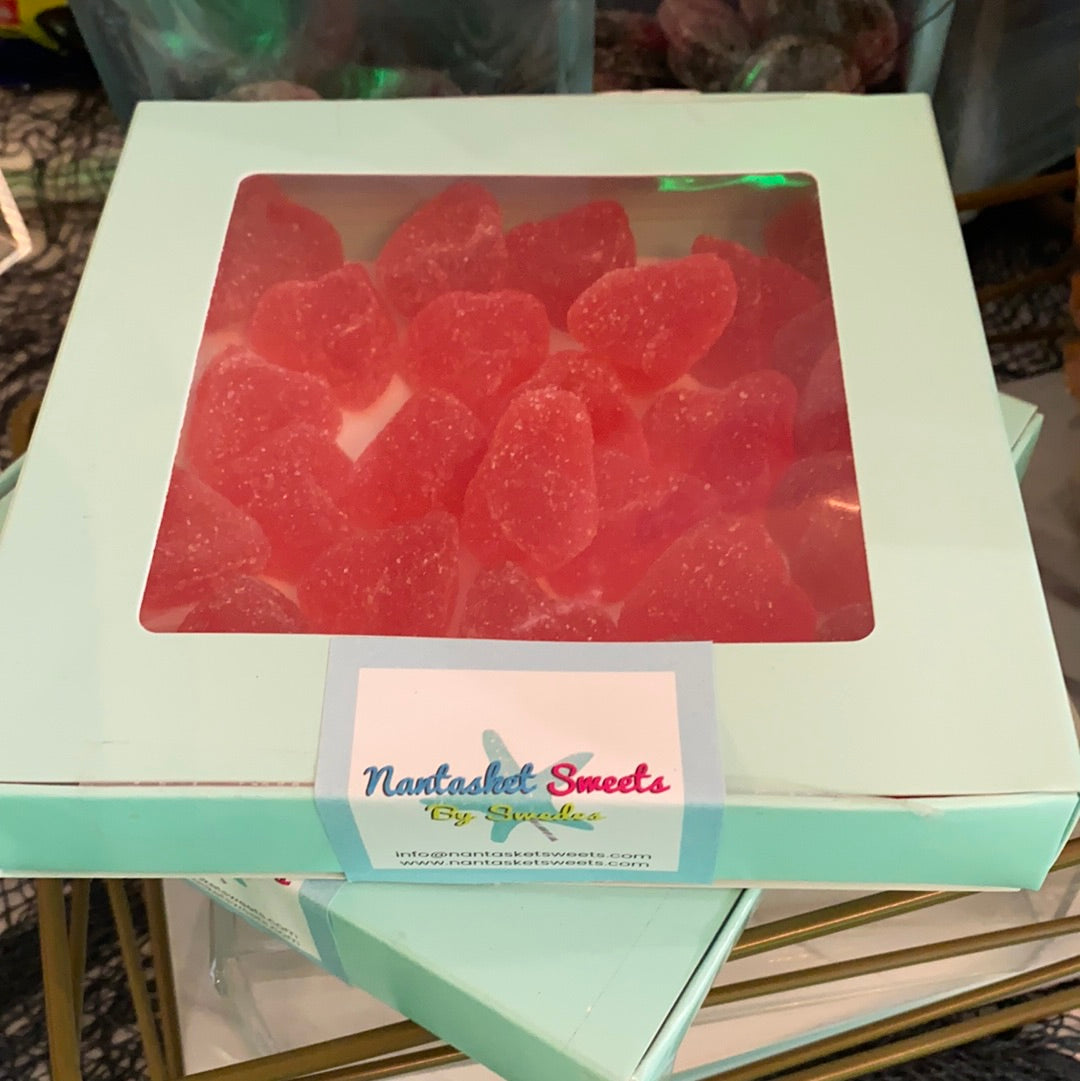 Sugar coated Raspberry gummy hearts in a Nantasket Sweets Box 8oz